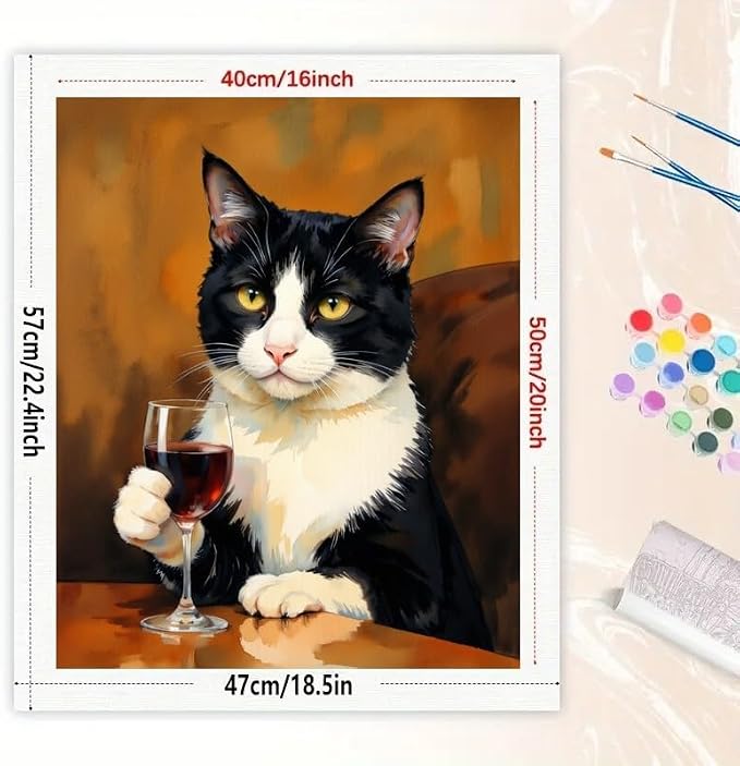 Tuxedo Cat Paint by Numbers Kit for Adults - DIY Black and White Cat with Wine Painting on Canvas 16x20In, Acrylic Paint Set, Suitable for Beginners, Art for Home Decoration or Gifts