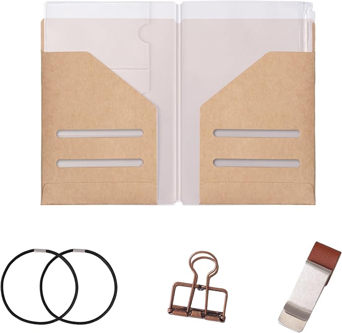 Roadtofree Passport Size Travelers Notebook Accessories Kit - All-in-One Set with Kraft Folder, PVC Zipper Case, Pen Holder, Binder Clip & 2 Elastic Bands for Travel Journal, Daily Use (Kraft, Passport Size 1 PC)