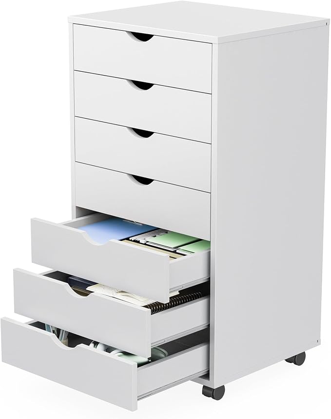 Sweetcrispy 7 Drawer Rolling Storage Cabinet, Wood Under Desk Mobile Dresser with Wheels, Small Organizer Chest for Home Office, Bedroom, Living Room, Compact Vertical Storage Furniture Unit, White