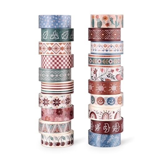 icceemee 20 Rolls Bohemia Theme Washi Tape Set,Writable Decorative Tapes for Scrapbooking, Junk Journal Supplies, Bullet Journaling, 0.6"x79" per Roll