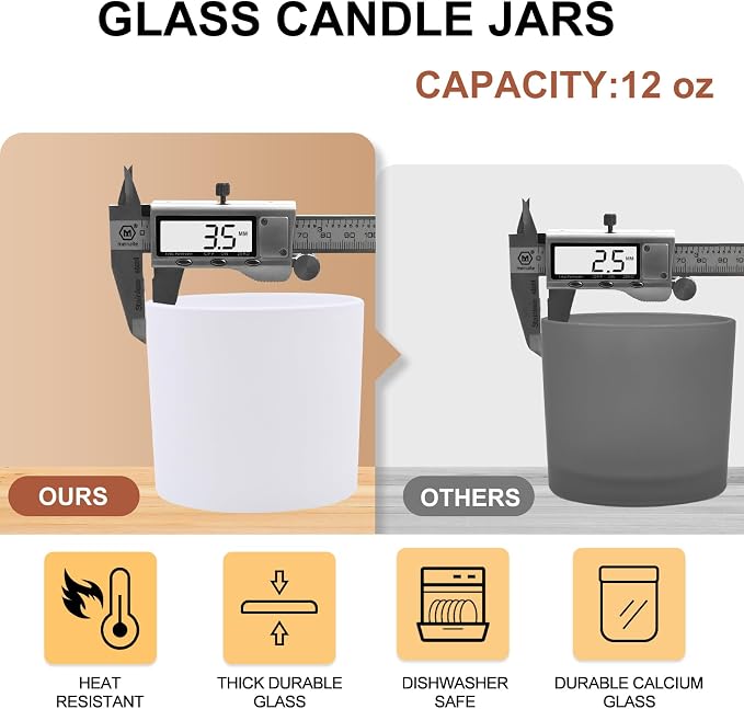 SHOWIN 12 OZ Thick Candle Jars for Making Candles 12 Pcs, Empty Jars with Wood Lids for Spice Jars, Sample Container, Matte White