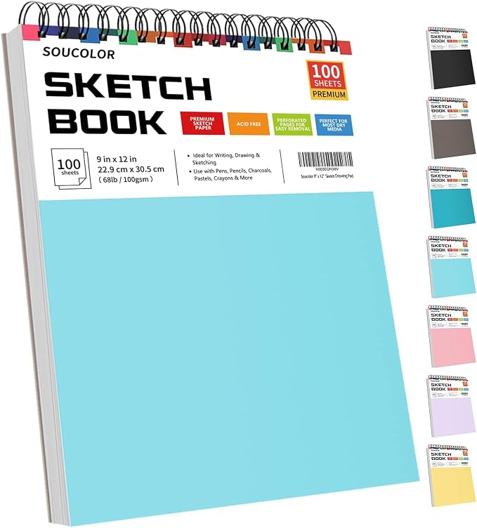 Soucolor Sketch Book 9x12,Thick Drawing Paper Pad School Art Supplies | 100 Sheets Thick 68lb/100gsm Acid-Free Paper,Blank Drawing Pad for Artists,Students,Kids,Notebook for Pencil,Charcoal,Pastel