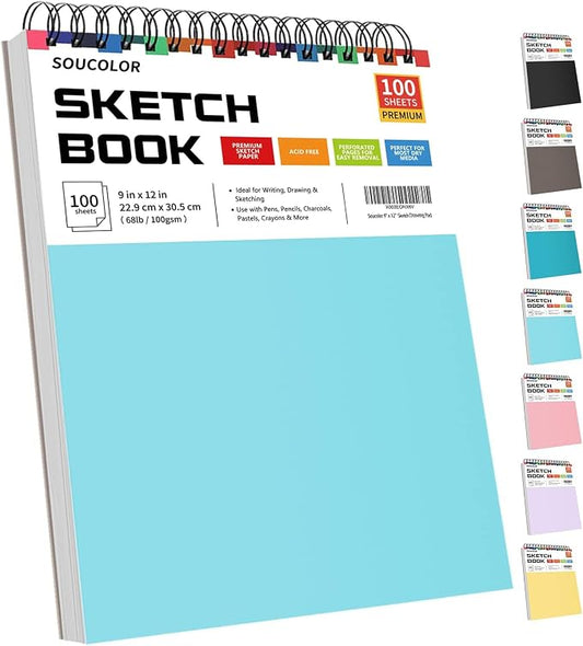 Soucolor Sketch Book 9x12,Thick Drawing Paper Pad School Art Supplies | 100 Sheets Thick 68lb/100gsm Acid-Free Paper,Blank Drawing Pad for Artists,Students,Kids,Notebook for Pencil,Charcoal,Pastel