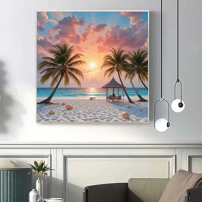 Beach Scenery Diamond Art Kits for Adult, Full Drill Wall Art 12 x 16 In | 5D Coconut Tree Diamond Painting Kits ,DIY Diamond Gem Art Craft, Beginners Home Wall Decor