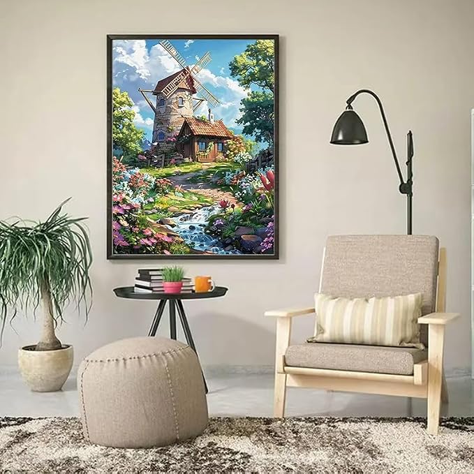 YUXUANKANG Diamond Painting Kit, Windmill Cottage Floral Landscape, 12x16 Inch, DIY Craft Activity, Resin Diamonds, Adult