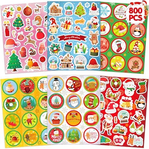LINAYE 48 Sheets Christmas Stickers, 800PCS Stickers for Crafts Cards, Scrapbooking, Water Bottles, Envelopes and Christmas Party Favors for Kids