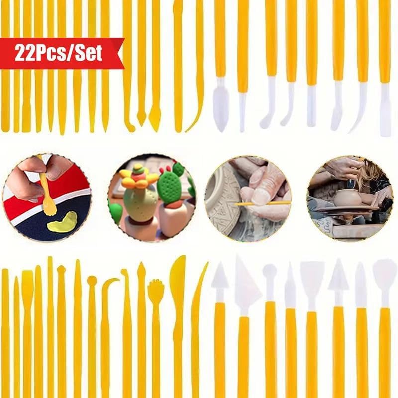 22Pcs Clay Modeling Tool Set, Dual-Ended Plastic Clay Sculpting Tools with Yellow Handles, Multi-Shape Polymer Clay Carving Knives for Pottery, Ceramic & DIY Crafts