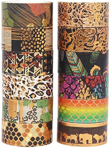 Wild Animals Washi Tape Set 12 Rolls Gold Foil Print Decorative Masking Tapes for Arts, DIY Crafts, Journals, Planners, Scrapbook, Wrapping (African Migration)