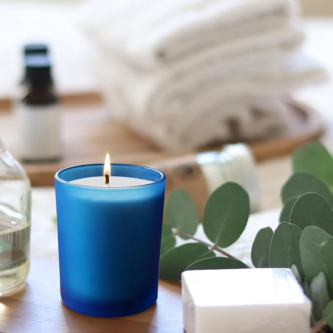 SHOWIN Thick Candle Jars for Making Candles 12 Pcs, 7 OZ Empty Jars with Wood Lids for Candle Making, Sample Container, Frosted Blue