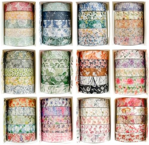 Flowers Washi Tape Set 60 Rolls Floral Patterns Decorative Skinny Blooms Masking Tapes for Arts, DIY Crafts, Journals, Planners, Scrapbook, Wrapping (Spring)