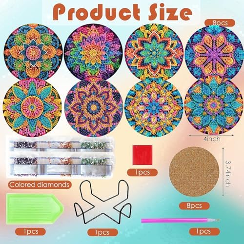 ijbnhd 8 Pcs Mandala Diamond Art Coasters Kits for Adults
