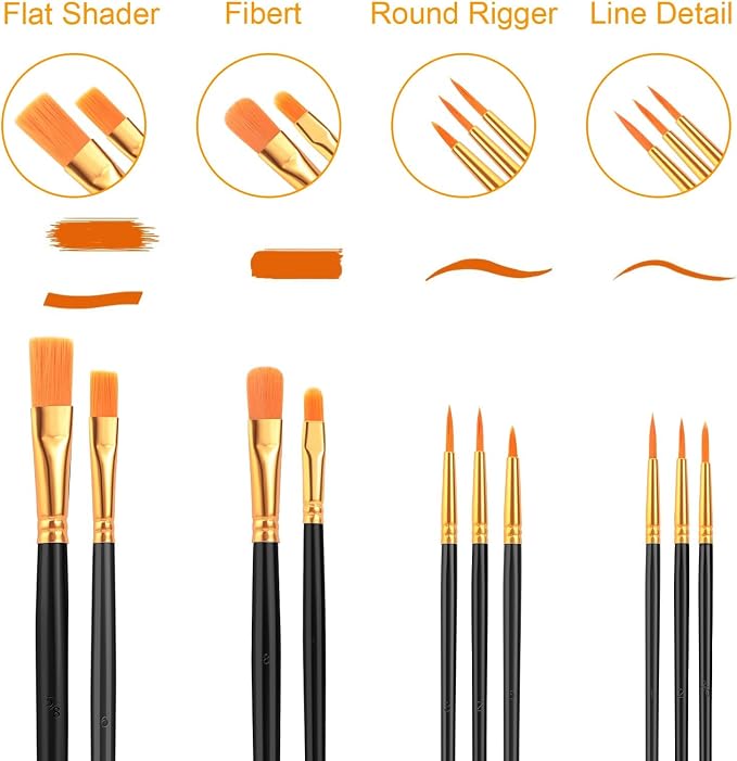 Acrylic Paint Brush Set, 20 Packs/200 pcs Nylon Hair Brushes | Oil and Watercolor, Perfect Suit of Art Painting, Best Present for Painting, Black