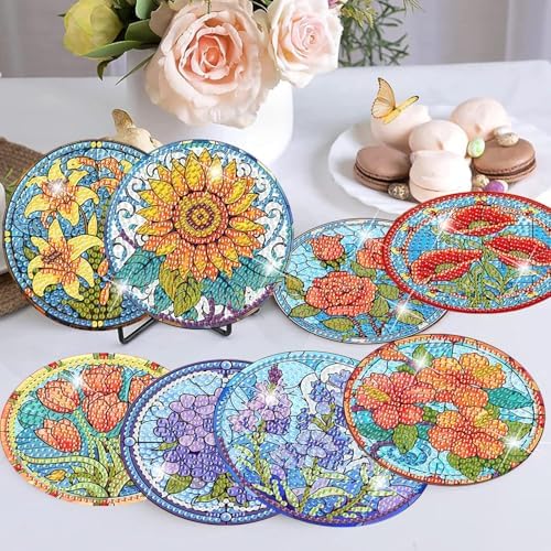 Meothan 8 Pcs Flowers Diamond Art Coasters Kit for Adults with Holder 4x4in