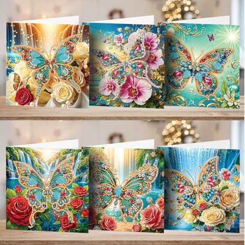 Diamond Art Cards with Envelopes–6PCS DIY Diamond Painting Greeting Cards Kit | Card Making Kit with Bling for Adults & Beginners | Birthday,Holiday & Thank You Cards (Flower and Butterfly)