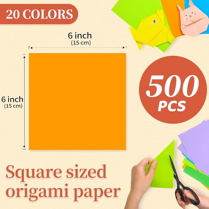 IOOLEEM Origami Paper, 20 colors 500 Sheets, 6 Inch Square, Double Sided Colored Paper for DIY Crafts