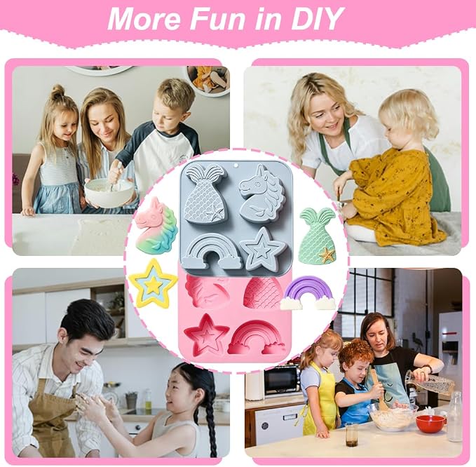 2 Pack Silicone Soap Molds, 4 Cavities Unicorn Star Rainbow Mermaid Tail Shaped Making Mold, Perfect for Handmade Soaps Lotion Bar Bath Bombs Ice Cube Chocolate Jelly Cake Making