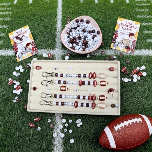 Tuhangcc 501 Pcs Football DIY Keychain Making Kit, Adjustable Letter Alphabet Beads Strings, 12 Charm 16 Cards with Lobster Clasps & Strings for Sport Theme Party Favor Gift (Football)