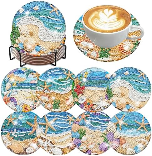 ijbnhd 8 Pack Diamond Art Coasters Kits Ocean (Cork Wooden Pad)
