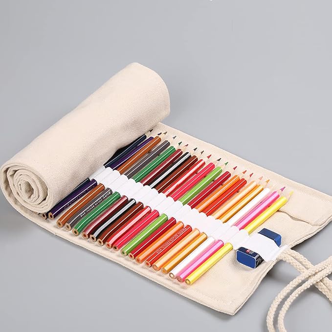 DIYOMR 24/36/72 Slots Pencil Wrap Pencil Rolls, Artist Colored Pencils Roll Up Bag Short Brushes Pouch Case Pencils Organizer for Drawing Coloring and Sketching,No Pencils (White, 24slots)