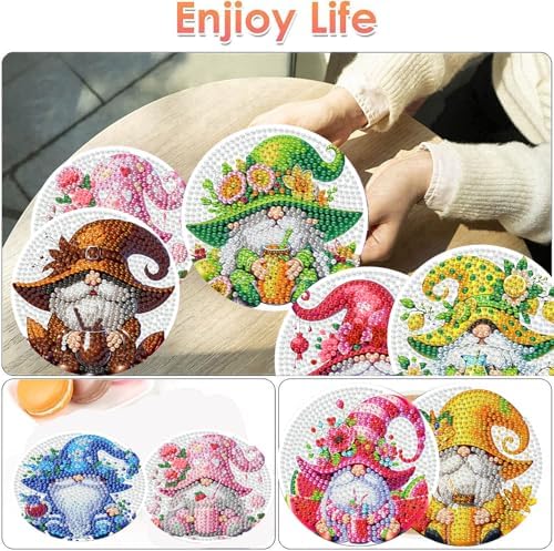 ijbnhd 8 Pack Diamond Art Coasters Kits Gnome (Cork Wooden Pad)