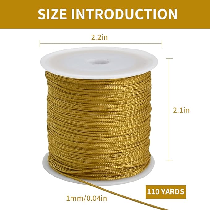 TONIFUL Nylon String Satin Cord for Necklace Bracelet Beading 1mm Gold | 100yd Non elastic durable non fading, for Jewelry Making Thread Rattail Macrame Trim Kumihimo Chinese Knot Craft Tags Hanging