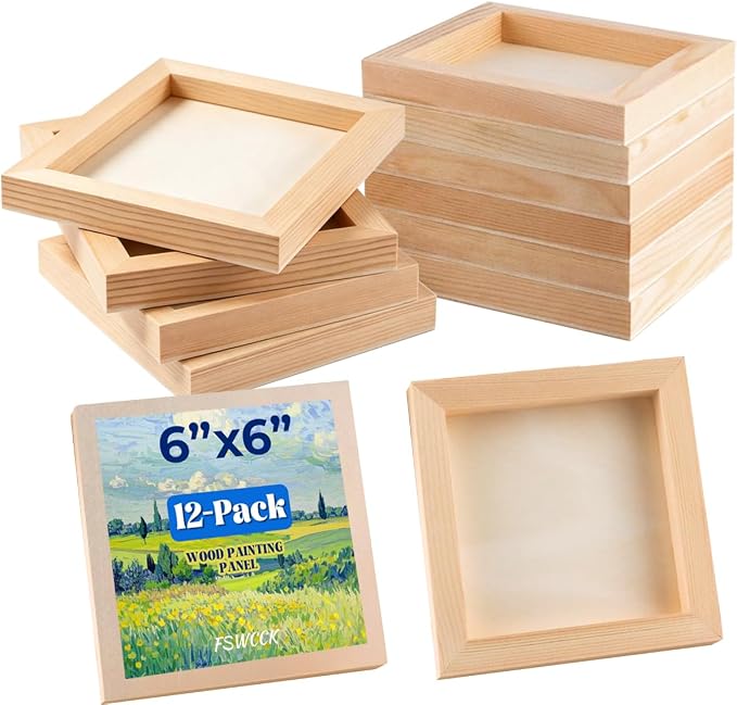 FSWCCK 12 Pack 6 x 6’’ Wooden Panel Boards, 0.79’’ Deep Unfinished Wood Canvas Panels for Crafts, Painting Canvas, DIY Art Projects, Pouring Arts