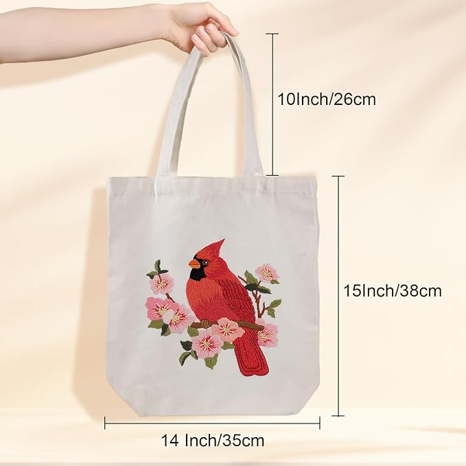 Louise Maelys Cardinal Embroidery Kit for Beginners Canvas Tote Bag