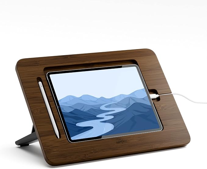 AFOOYO Bamboo Tablet Drawing Stand Tablet Holder - Portable & Adjustable 5 Angles,Laptop Stands Riser,Compatible with 12.9/13 inch iPad Pro-3rd-7th Gen(Walnut Varnish)