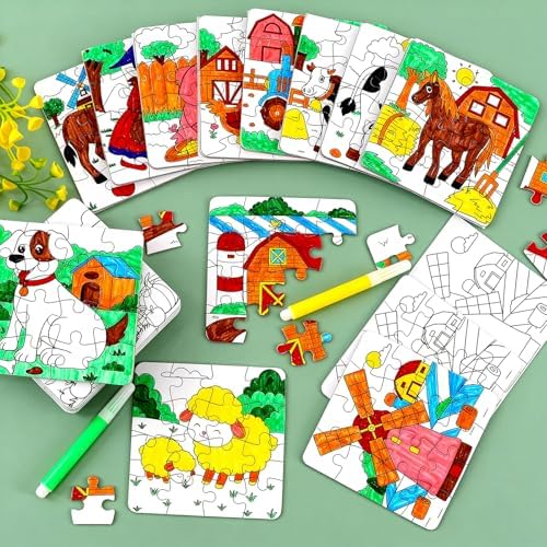 24 Sets Farm Animals Toddler Puzzles Ages 2-4 Bulk, Farm Party Favors Crafts DIY Paper Jigsaw Kit with Cow Dog Sheep, Fall Art Coloring Blank Puzzle for Classroom Gift Birthday Fun Games Toys Supplies