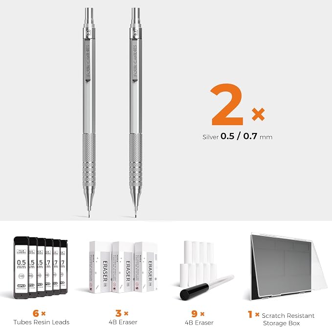 2PCS Metal Mechanical Pencil Set, 0.5mm+0.7mm, Storage Case, Silver