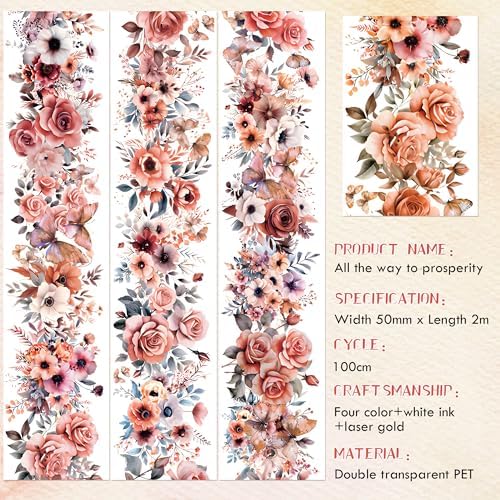 Sitsink PET Tape for Journal Scrapbooking - Vintage Flower Junk Journal PET Tape for Notebook Scrapbook Decor Crafts Card Photo Album Décor