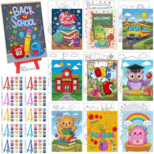 Blosssound 10 Set Back to School Pre Printed Canvas Pre Drawn Canvas Painting with Easel Kits 5" x 7" Outline Painting Panels for Beginners, DIY Craft Project, Party Favor, Home Decors