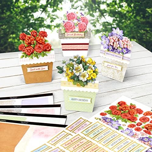 Katy Sue Flower Patch Pots Card Making Kit. 8 Cards, 8 Envelopes, 3 Sheets of Floral Die-Cut Decoupage, Adhesive Pads, & 2 Sheets of Birthday Sentiments Banners for Card Making Supplies