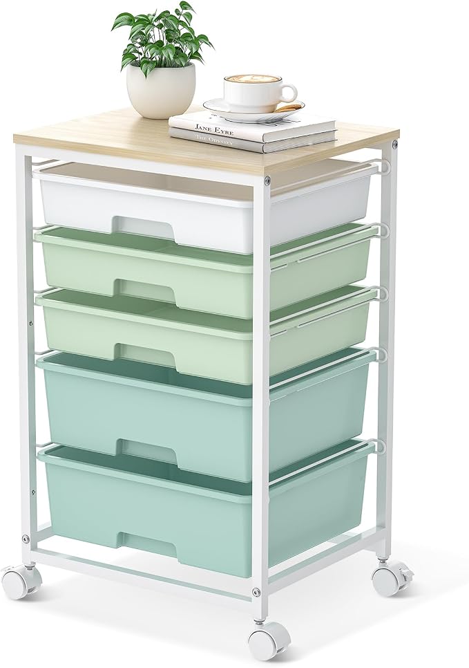 SYKIARIOL Rolling Cart with Drawers,5 Drawers Storage Cart,Light Green | 5-Tiers Utility Cart with Drawers with Lockable Wheels for Craft Organizers and Storage,Home Office,Classroom,Dorm,Playroom