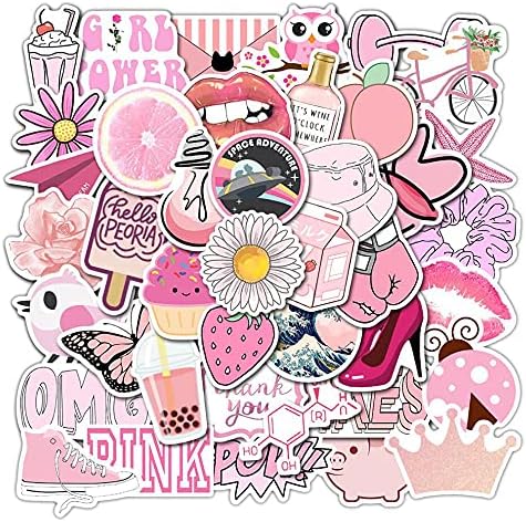 Girl's Pink Aesthetic Stickers - Waterproof Cute Stickers 50 PCS for Water Bottle, Laptop, Phone - Teens & Kids