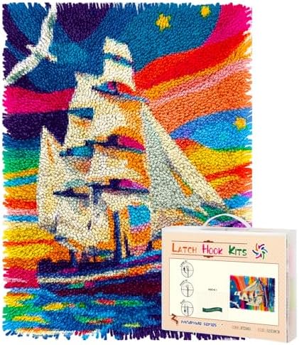 Latch Hook Rug Kit Sailboat in Sea Colorful Sky Pre-Printed Handmade Carpet Crochet Yarn Craft DIY Hook and Latch Door Mat Tapestry for Home Floor Decoration 52x38cm-2