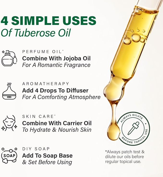 Kukka 100% Pure Tuberose Essential Oil for Skin, Diffuser, 1.02 Fl Oz | Undiluted Tuberose Oil for Perfume Making, Hair Care, Skin Care & Diffuser Aromatherapy with a Luxurious Floral Scent