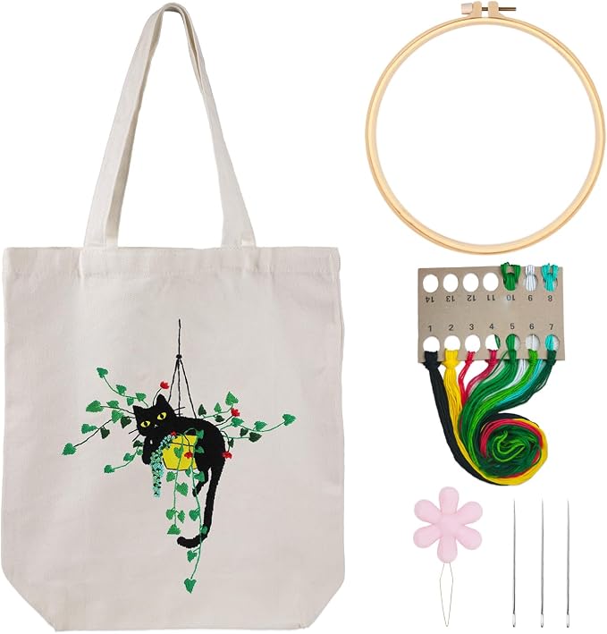 Louise Maelys Plant Cat Embroidery Kit Canvas Tote Bag for Beginners