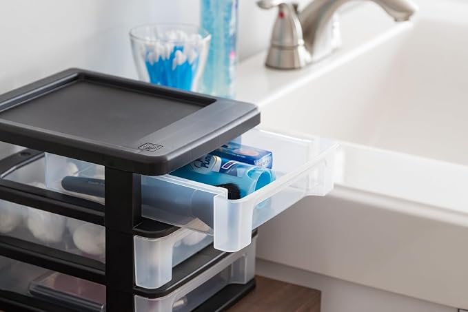 IRIS USA 2-Pack, 3-Drawer Small Plastic Stacking Desktop Organizer, Black