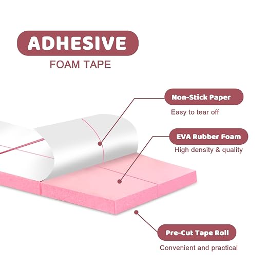 330 PCS Double Sided Foam Tape Pre Cut 1/2 X 2/5 Inch Small Adhesive Foam Squares for Crafts Thin Foam Craft Tape Split for Arts Crafts Sewing Scrapbook DIY Christmas (Tape with Box, Pink)