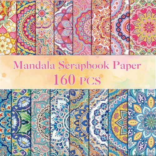 160 Sheets Boho Mandala Scrapbook Paper Set, Journaling Scrapbooking Supplies Craft Decoupage Papers Kit, Ephemera for Junk Journal Bullet Journals Well Posters Room Decor for Card Making Gift