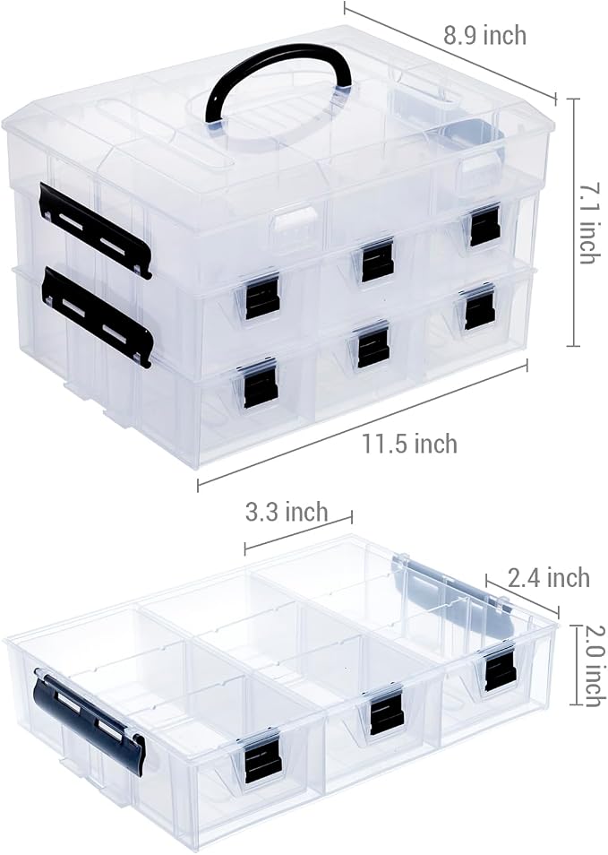 MyGift 11 Inch Clear Plastic Storage Box Container, Arts and Crafts Sewing Supplies Organizer Case with Black Accents, 24 Customizable Compartments, and 6 Drawers with Removable Dividers