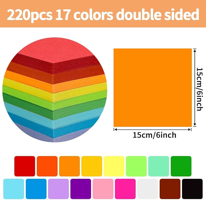 Praisebank Origami Paper, 220pcs 17 Colors 6x6 inch, Double Sided, Craft Kit with Guide.