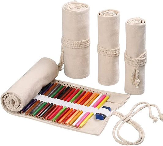 DIYOMR 24/36/72 Slots Pencil Wrap Pencil Rolls, Artist Colored Pencils Roll Up Bag Short Brushes Pouch Case Pencils Organizer for Drawing Coloring and Sketching,No Pencils (White, 24slots)
