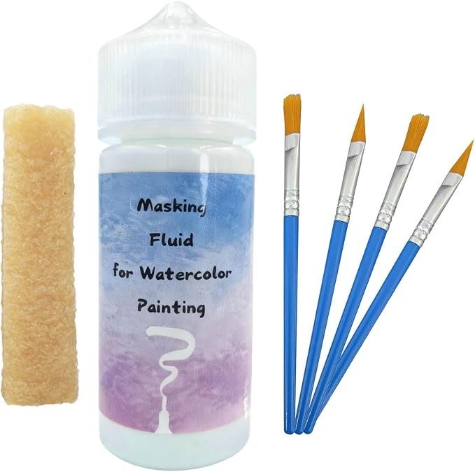 100ml Blue Watercolor Masking Fluid - Professional Art Supplies with Brush & Eraser for Artists, Painting Medium Pen