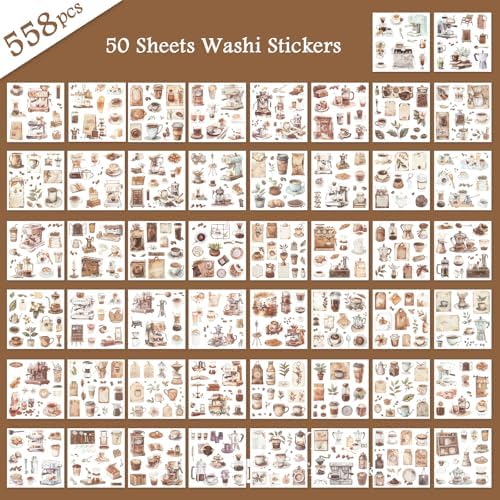 RISYPISY 558pcs Coffee Theme Washi Sticker Book for Scrapbooking | 50 Sheets Journaling Stickers for Junk Journals & Planners