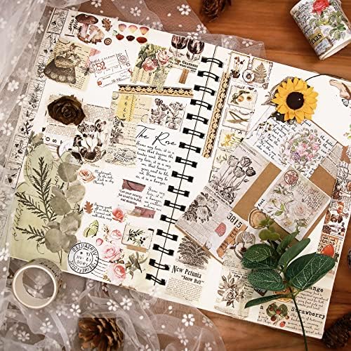 Vintage Washi Tape 18 Rolls & 15 Flower Stickers Set,75/50/30/25/20/15/10/5mm Wide Mushrooms,Butterfly,Floral,Letter Decorative Masking Tape Set for Journaling,Scrapbook Supplies, Arts&Crafts(Forest)