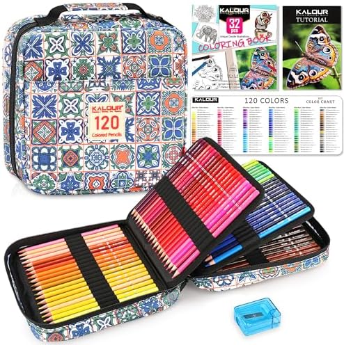 KALOUR PDAS 126 PCS Colored Pencils Set, with Coloring Books, Tutorial, Color Chart, 120 Premium Soft Core Colored Pencils for Artists Adults Teens Coloring Drawing, Portable Zipper Case