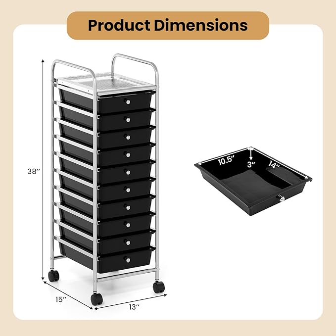 Giantex Rolling Storage Cart with 10 Drawers, Utility Cart with Tabletop, Drawer Organizer with Wheels for Craft Art Paper Tool, Mobile Organization & Sorting for Office Home School School Supplies