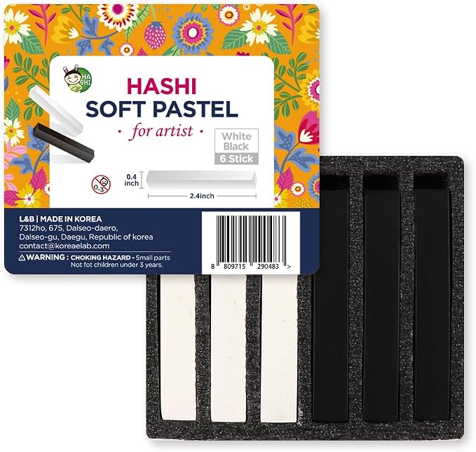 HA SHI Soft Chalk Pastels for Adult Artists, 3 Black + 3 White Sticks